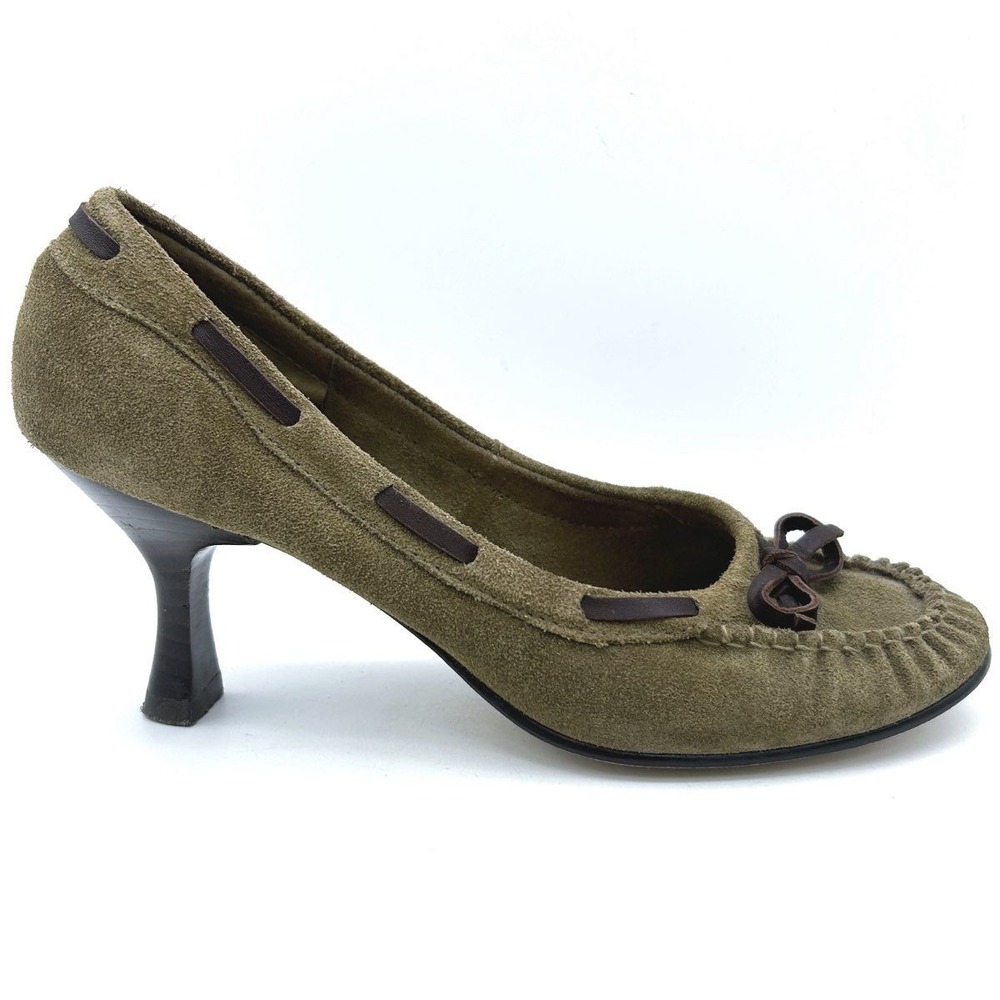 Seychelles Vintage Y2K Olive Green Suede Moccasin Bow Pumps Heels Size 7
